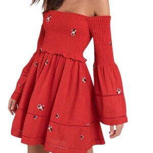 Free People Red Smocked Mini Dress with Floral Accents